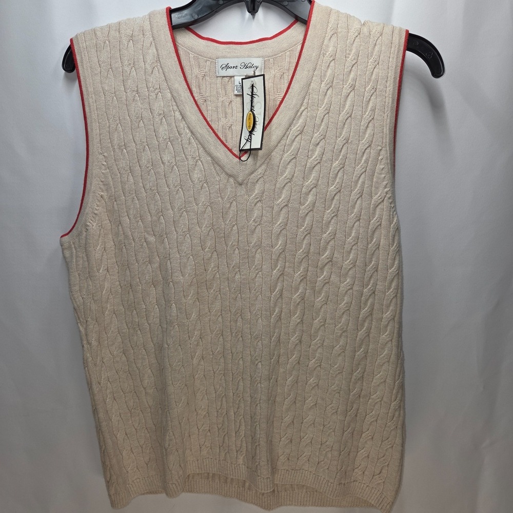 New Vintage Sport Haley Tan Cable Knit Vest L Pima Cotton Golf V-Neck